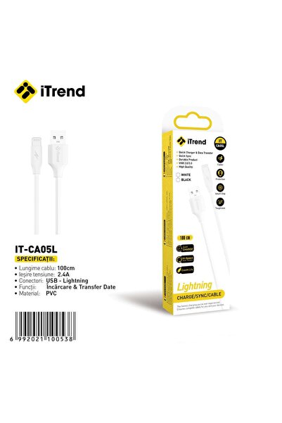 itrend Cablu USB-A la Lightning iTrend, 1 m, Încărcare Rapidă 2.4A, PVC, Alb