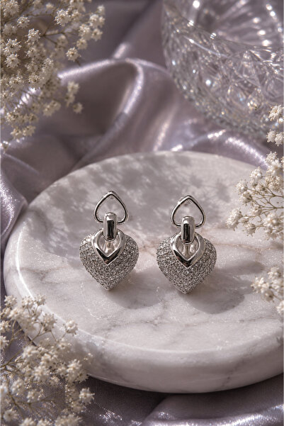 Sylvera Shop Zircon Stone Double Heart Earrings (Silver Color)
