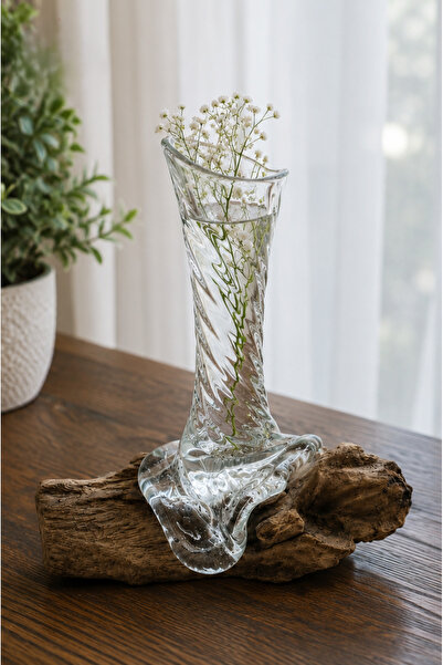 Generic Spiral Glass Vase on Natural Teak Wood Base