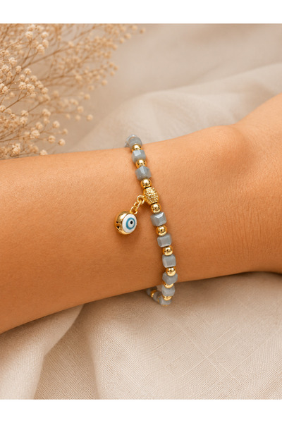 Azrua Natural Stone Gray Cube Stone Beaded Gold Color Detailed Bracelet, Evil...