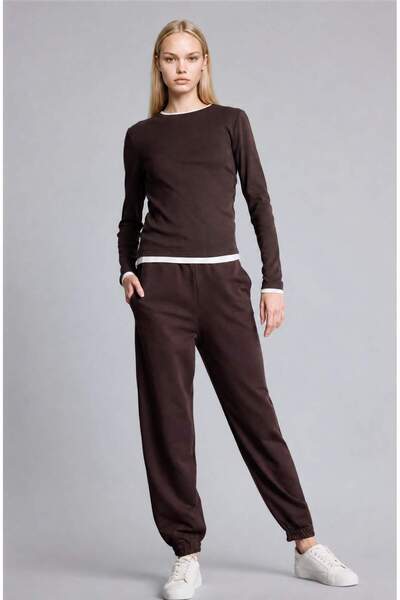 DeFacto Jogger Fit Elastic Waist Narrow Leg Basic Brown Trousers I1114Ax26Au