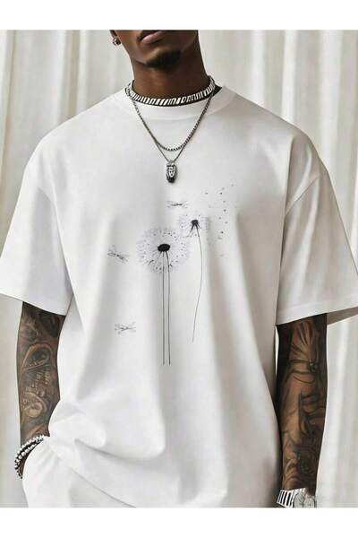 Ekim11 Dandelion Flower Dragonfly Print Black T Shirt Men Fashion Streetwear ...