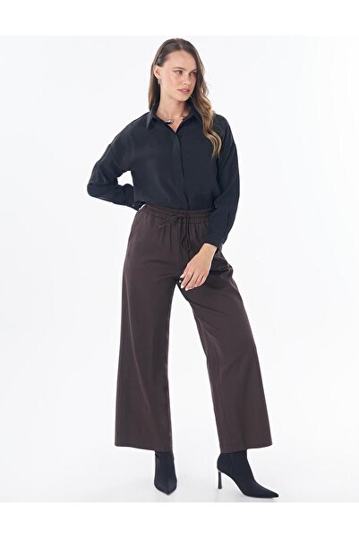 Kayra Elastic Waist Wide Leg Trousers Dark Brown