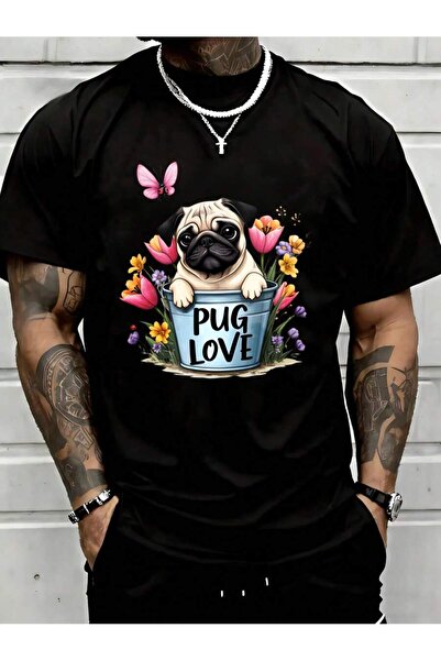 NOURAM Pug Love Dog Puppy In Bucket With Flowers Butterfly Graphic T-Shirt Me...