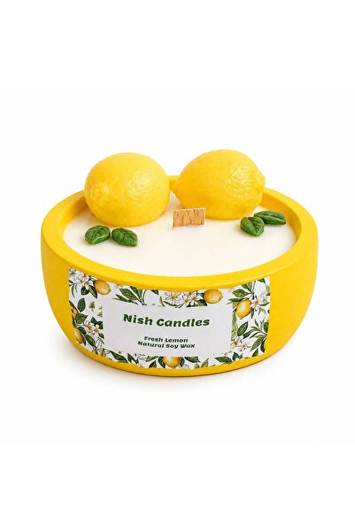Nish Candles Parlak Sarı Renkli Beton Saksıda Ahşap Fitilli Dekoratif Limon S...