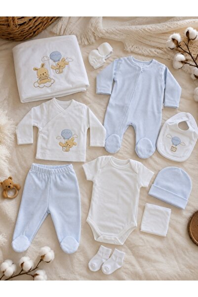 Pure Boutique Set nou-nascut 10 piese cu salopeta bleu si iepurasi, 100% bumb...