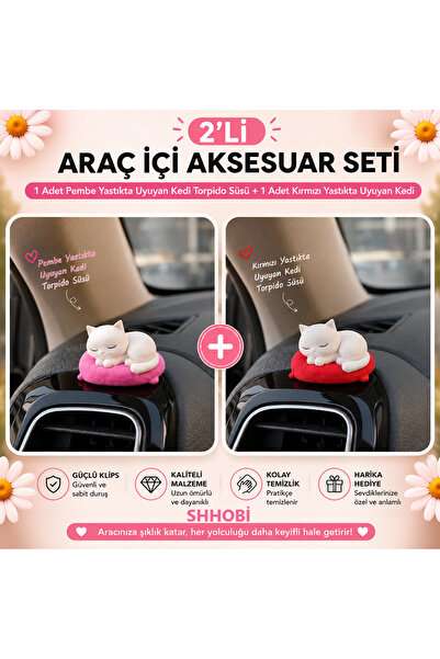 SHHOBİ 2'li Araba Süs Seti: 1 Adet Pembe Yastıkta Uyuyan Kedi + 1 Adet Kırmız...