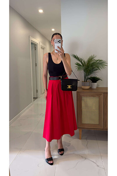 BİRCANÇİL Astnas Red Pleated Belted Skirt