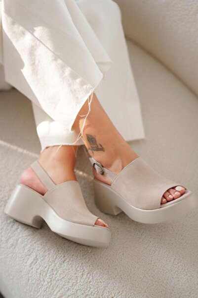 Parponi Cibuti Women's Genuine Suede Leather Heeled Sandals Stone