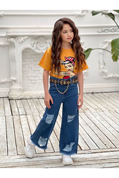 2bebek1butik Girls' Denim T-Shirt Belt Style Combination
