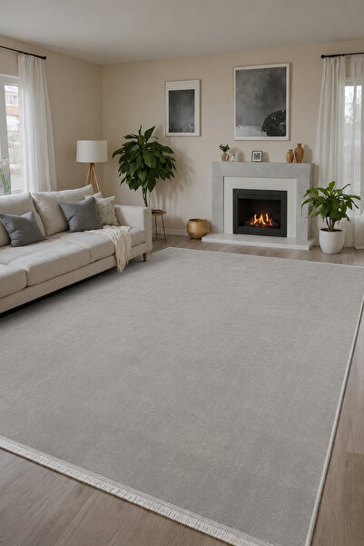 Lionhome Peluş Yumuşak Dokulu Halı Kaymaz Taban Düz Saçaklı Yıkanabilir Renk Gri