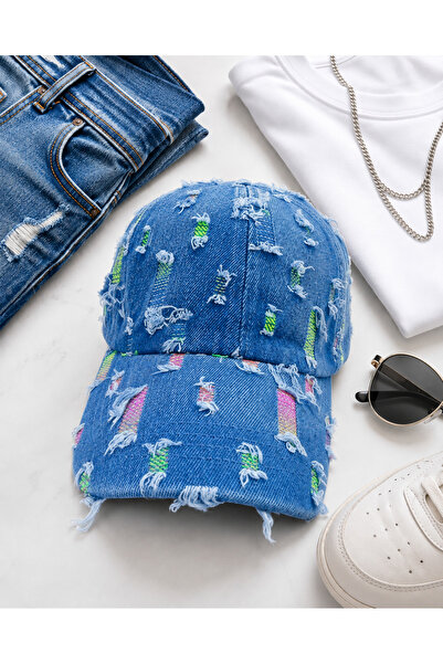 MYZİ STORE Unisex Vintage Washed Blue Denim Hat with Ripped Detail Adjustable...