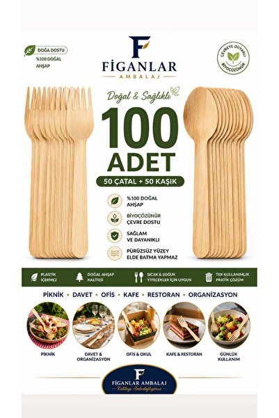 figanlar ambalaj Tahta Çatal Kaşık Seti 100 Adet (50 Çatal + 50 Kaşık) 16 cm ...