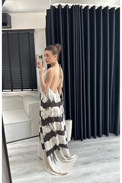 Özgece KAHVE BATİK DESEN BEJ ELBİSE