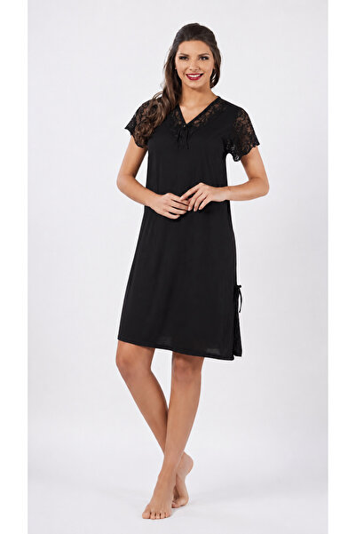Altınay Women's Ring Viscose V-Neck Nightgown(Dress) Short Sleeve Lace Detail...