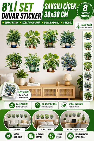 Hane Dostu Saksılı Çiçek Duvar Sticker 8'li Set 30x30 cm Şeffaf Kesim Dekorat...