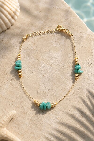 FIERA JEWELRY Natural Turquoise Stone Detailed Gold Color Chain Anklet |   Su...