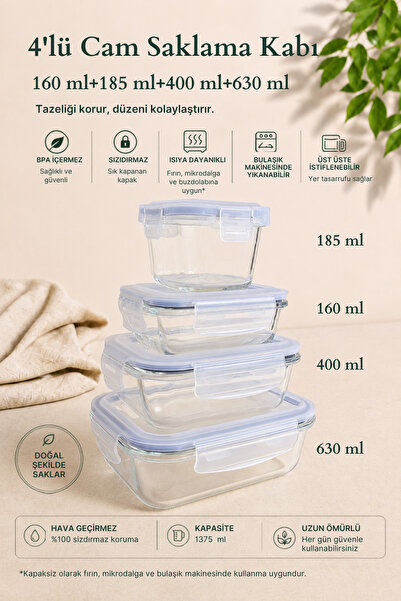 KHAKMA Set of 4 Glass Storage Containers with Leak-Proof Lids (160 ml + 185 m...