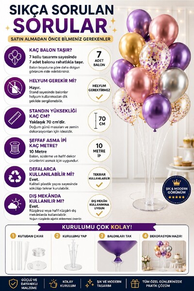 Bkmc 2'li Şeffaf Balon Standı Seti | 7 Kollu Balon Standı + 10 Metre Şeffaf Asma İpi | Doğum Günü, Baby Shower, Nişan ve Organizasyonlar İçin Parti Aksesuarı Parti Seti Süsü