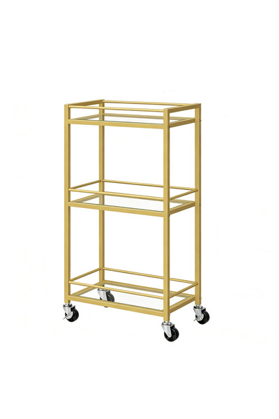 genric FFD Gold 3-Tier Rolling Bar Cart with Glass Shelves - Mobile Serving T...