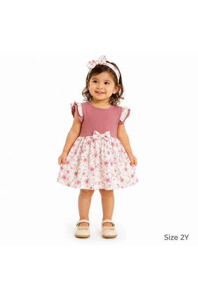 Generic Girls Floral Dress Ruffle Sleeve Round Neck Dress for Kids