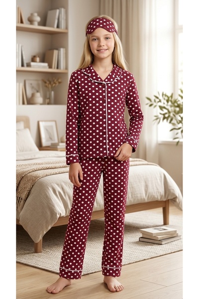 Enie Set de pijamale din bumbac bordeaux cu buline și ochelari de dormit pent...