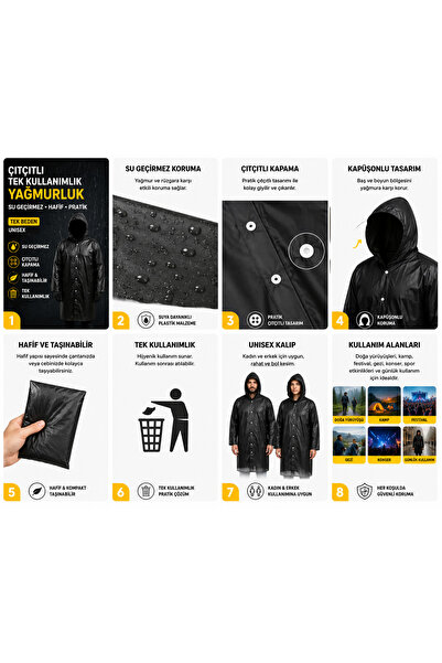 Çıtçıtlı Tek Kullanımlık Siyah Yağmurluk | Kapüşonlu Su Geçirmez Unisex Acil Durum Yağmurluğu