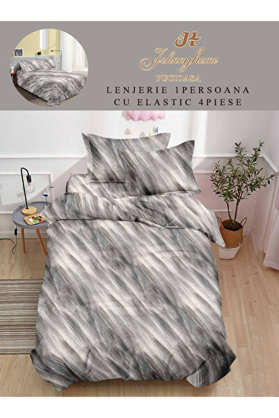 Pucioasa Set de lenjerie de pat din 4 piese, cu elastic, model în dungi gri ș...