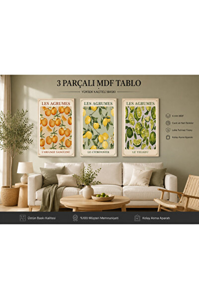 Lumcent Limon, Bitki ve Meyve Temalı 3 Parça MDF Duvar Tablosu – Modern Mutfa...