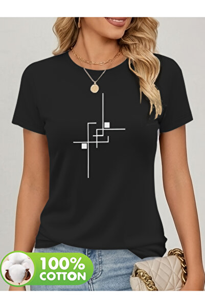121 Classic Round Neck Short Sleeved Women's T-Shirt, Geometric Linear Patter...