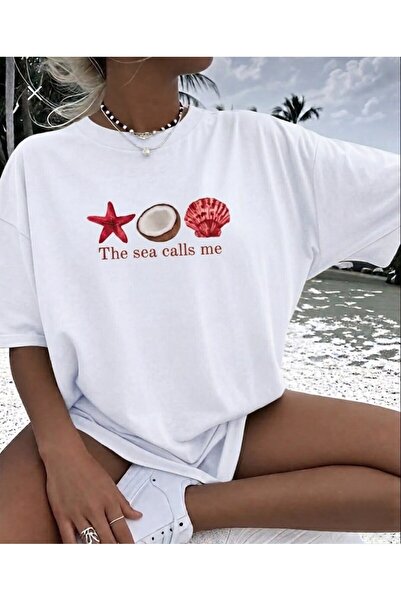 LELVANİ Women's the Sea Calls Me Printed Crew Neck T-Shirt