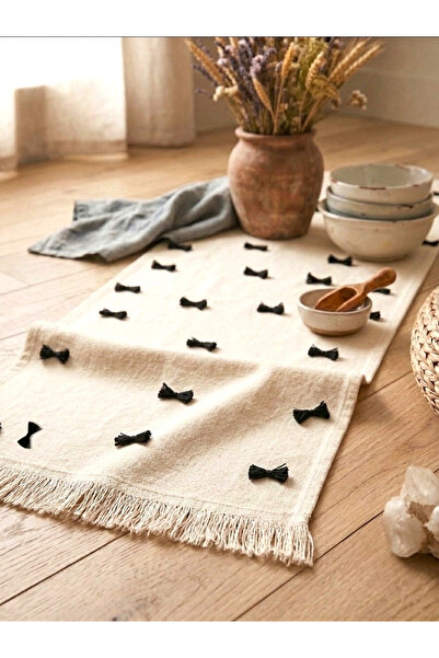 Q-İN Boho Linen Runner - Black Tassel Detailed Fringed Living Room Kitchen Ta...