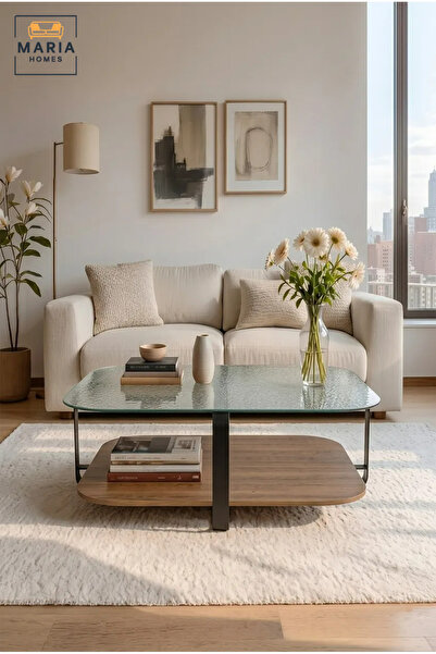 MARIA HOMES طاولة قهوة مربعة عصرية بسطح زجاجي منقوش، ورف سفلي خشبي وإطار منحن...