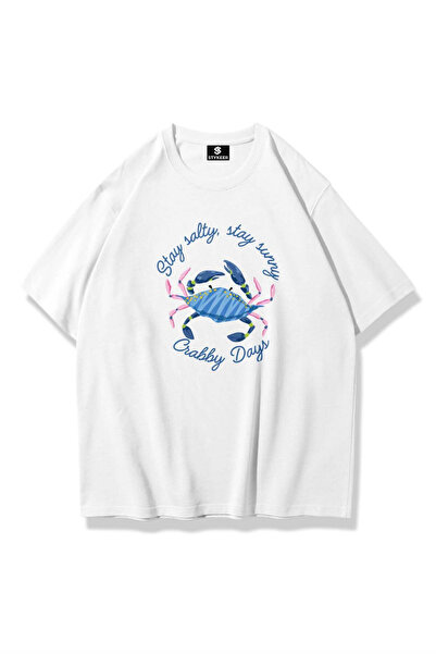STYKEER Unisex Oversized T-Shirt with Crab Print, Loose Fit, White T-Shirt