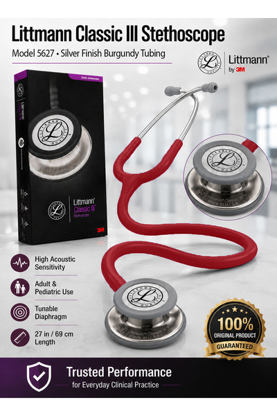 3M Littmann Classic III Monitoring Stethoscope Model 5627 Silver-Finish Dual-...