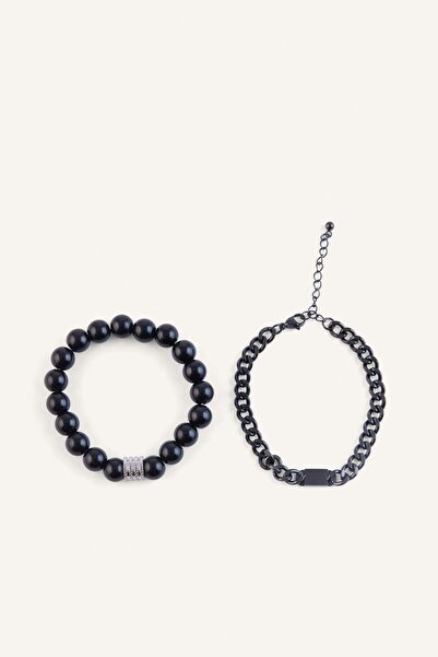 DeFacto Men's 2-Piece Black Bracelet Set I0529Axns