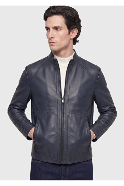 Ramsey Blue Regular Fit Stand Collar Casual Leather Coat