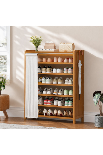 HI-FINE 5/6/7 Layer Natural Bamboo Shoe Storage Cabinet Dust Proof Curtain Um...