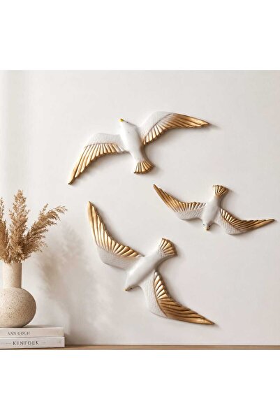 alcdesing 3'lü Beyaz Gold Martı Duvar Dekoru | Uçan Martı Figürlü Modern Mari...