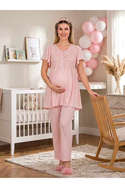 Lohusa Homewear طقم بيجامة للحوامل بأكمام قصيرة بتصميم خاص من الدانتيل الوردي...