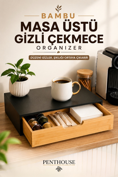 Penthouse Bambu Masa Üstü Gizli Çekmece Organizer Kahve Köşesi Düzenleyici, M...