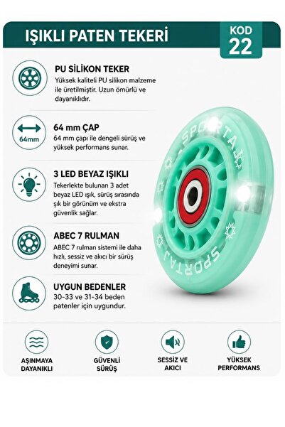 Sportaj 64 mm Beyaz Led Işıklı Turkuaz Paten Tekeri PU Silikon Abec 7 Rulmanlı KOD 22