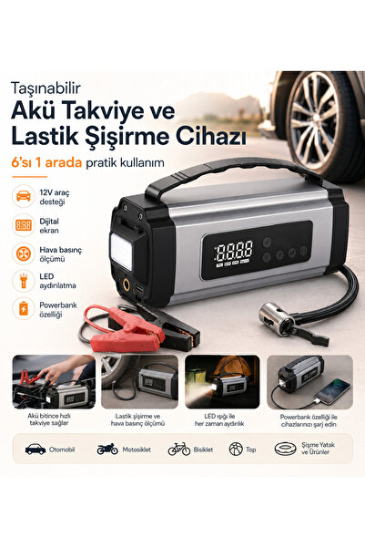 6’sı 1 Arada Taşınabilir Akü Takviye ve Lastik Şişirme Cihazı Dijital Basınç Ölçer, LED Aydınlatma, SOS ve Powerbank Özellikli 12V Araç Başlatıcı