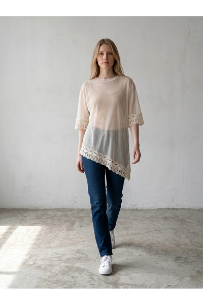 Haveone Tricou oversize de damă cu inserții de dantelă