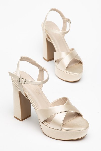 Dilimler Ayakkabı Women's Platform Heel Evening Dress Shoes Beige Satin Cross-Strapped