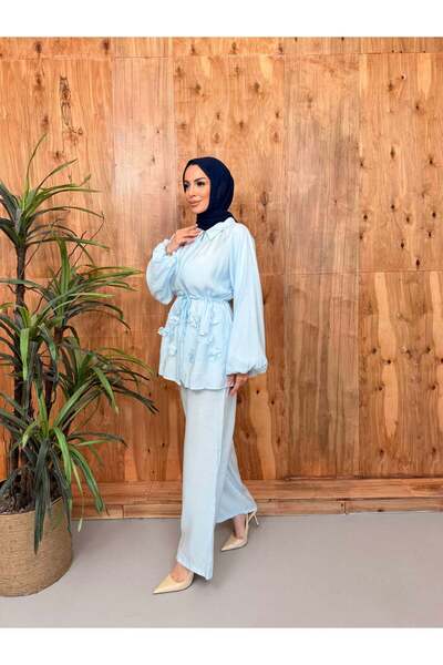 Asya Karen Lined Floral Detailed Belted Suit Baby Blue