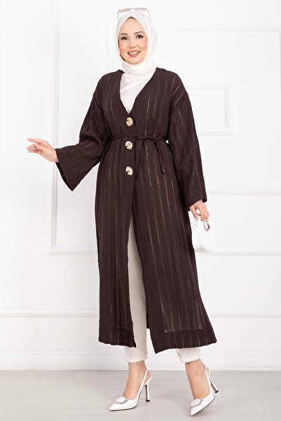 EBRUTESETTÜR Gold Buttoned Lace-Up Long Kimono Brown