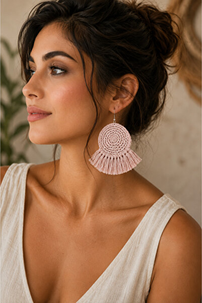 Librapera Concept Women's Beige Handmade Round Tassel Macrame Earrings