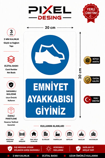 Emniyet Ayakkabısı Giyiniz Levhası, İş Ayakkabısı Zorunludur Levhası, Koruyucu Ayakkabı Levhası, İş Güvenliği Levhası, İSG Levhası 20x30