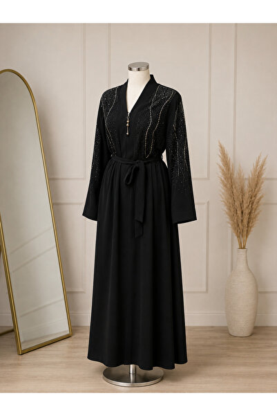 BNGL Boutique Taş İşlemeli kuşaklı Siyah Abaya Medine ipeği kumaş